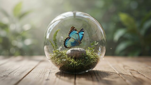 Vibrant blue morpho butterfly resting peacefully inside a delicate glass terrarium sphere on a rustic wooden table showcasing rich greenery and soft morning light