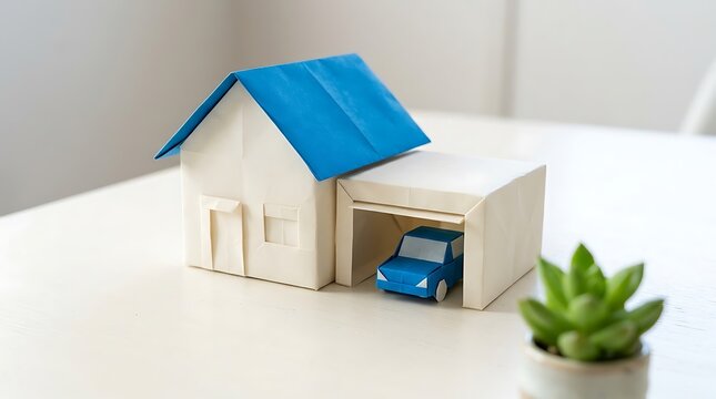 Small paper house model with a blue roof and a tiny blue car parked in the garage on a table with a small green plant
