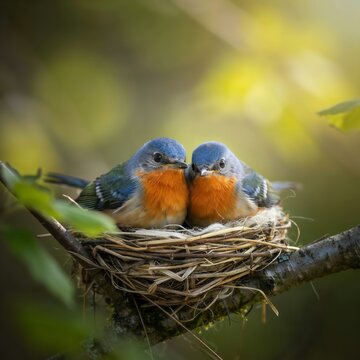 Two adorable bluebirds sitting closely together inside their woven twig nest perched upon a branch with soft green foliage surrounding the scene