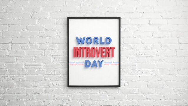 World introvert day typography render in a black wooden frame hanging on a clean white brick wall background with bright lighting and soft shadows