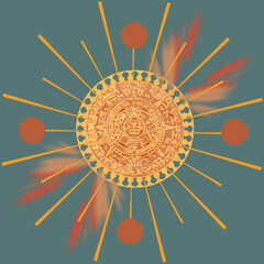 Złoty wzór ze słońcem w stylu azteckim na niebieskim tle, abstrakcyjna ilustracja etniczna mandala