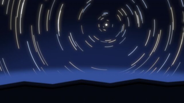 北極星を中心にスタートレイルの軌跡が円弧を描いて伸びていく長時間露光風の夜空アニメーション