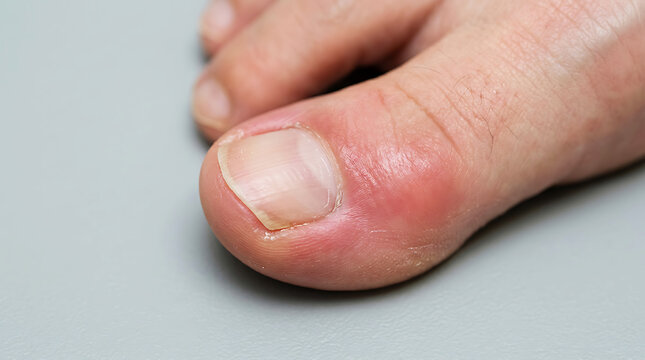 Close up of a human toe showing signs of paronychia infection with redness and swollen skin