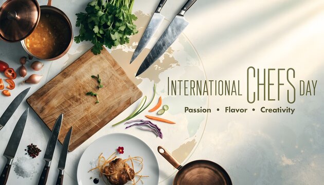 International chefs day banner with kitchen tools