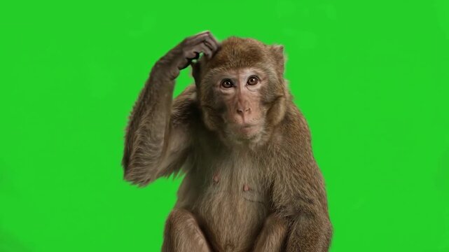monkey scratching its head in confusion on green screen, curious primate behavior, puzzled animal reaction, detailed fur and hands, isolated wildlife, natural head movement stock footage