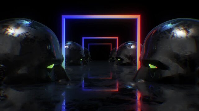 A dark, moody abstract background with reflective surfaces and bright neon accents, perfect for VJ loops, club visuals, and concert backdrops.