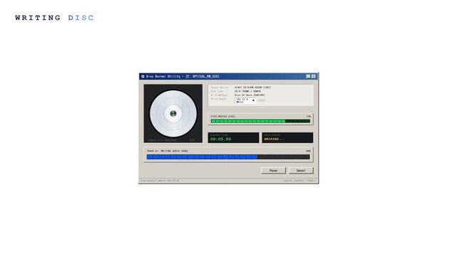 Disc burning software, vintage computer interface and progress bar for data storage. Retro technology, CD ROM and old school operating system for file transfer, backup and digital media archives.