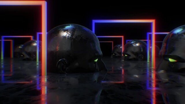 A dark, moody abstract background with reflective surfaces and bright neon accents, perfect for VJ loops, club visuals, and concert backdrops.
