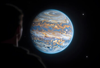 Fototapeta premium Space exploration and future discovery, person looking at a giant gas planet in deep space with stars and cosmic atmosphere in a dark galaxy background