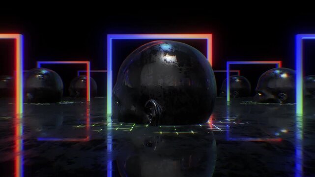 A dark, moody abstract background with reflective surfaces and bright neon accents, perfect for VJ loops, club visuals, and concert backdrops.