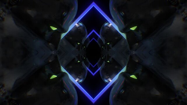 A dark, moody abstract background with reflective surfaces and bright neon accents, perfect for VJ loops, club visuals, and concert backdrops.