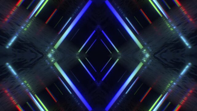 A dark, moody abstract background with reflective surfaces and bright neon accents, perfect for VJ loops, club visuals, and concert backdrops.