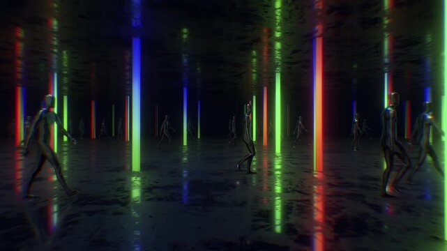 A dark, moody abstract background with reflective surfaces and bright neon accents, perfect for VJ loops, club visuals, and concert backdrops.