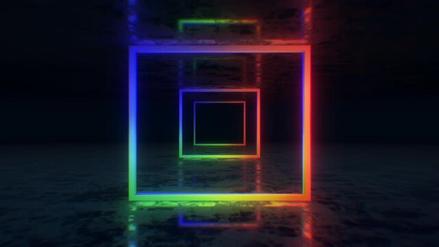 A dark, moody abstract background with reflective surfaces and bright neon accents, perfect for VJ loops, club visuals, and concert backdrops.