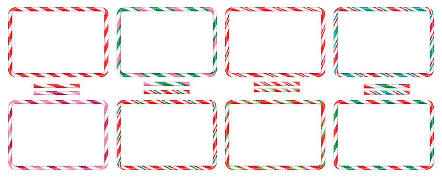 Red green white striped candy cane square borders with Christmas lollipop pattern, festive xmas frames for New Year template, isolated png illustration featuring sweet holiday stripes