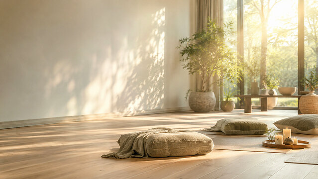 Zen meditation studio with cushions for wellness website header