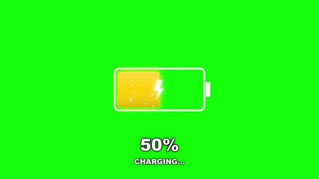 Battery charging animation on green screen with percentage indicator and power symbol. Energy, technology and mobile device power level for video editing, motion graphics and composite work. Tech