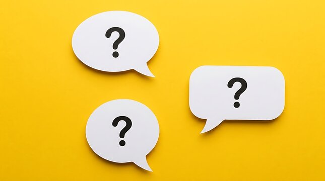 Three white speech bubbles with black question marks on a bright yellow background for creative communication concepts