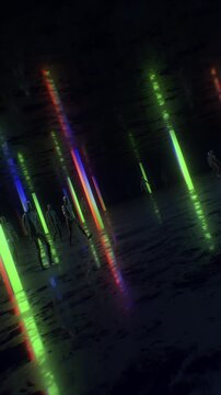 A dark, moody abstract background with reflective surfaces and bright neon accents, perfect for VJ loops, club visuals, and concert backdrops.