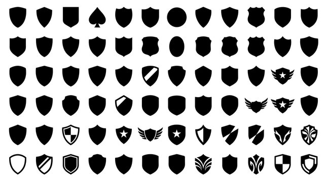 Collection of black shield shaped vector icons on a white background