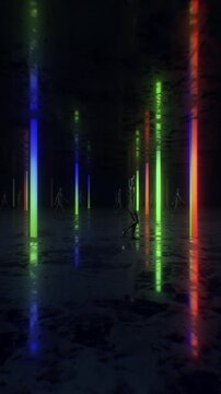 A dark, moody abstract background with reflective surfaces and bright neon accents, perfect for VJ loops, club visuals, and concert backdrops.
