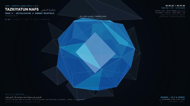 Educational animation of Islamic soul purification phases explaining the cleansing of the heart through spiritual concepts featuring abstract 3D geometric visuals and futuristic HUD data interfaces