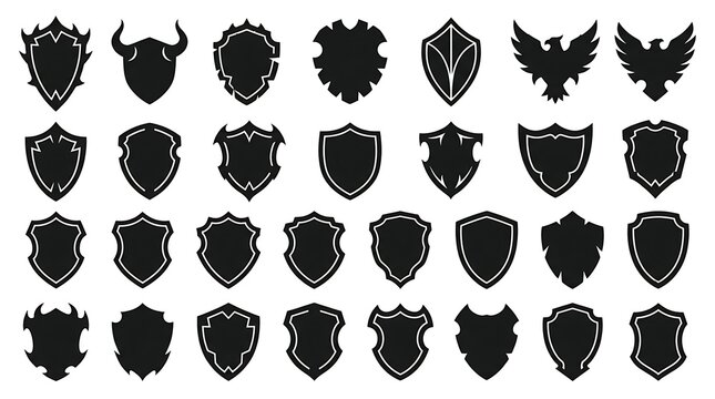 Collection of black shield silhouettes with varied decorative elements on a white background