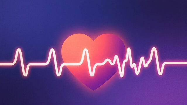 Heart arrhythmia concept, glowing heart with a heartbeat line turning irregular, grainy gradient illustration with copy space