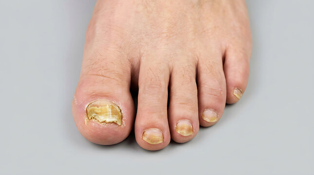 Close up of human foot showing signs of severe fungal nail infection on multiple toes
