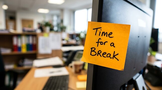 Bright orange sticky note with handwritten text time for a break attached to a computer monitor in a modern office