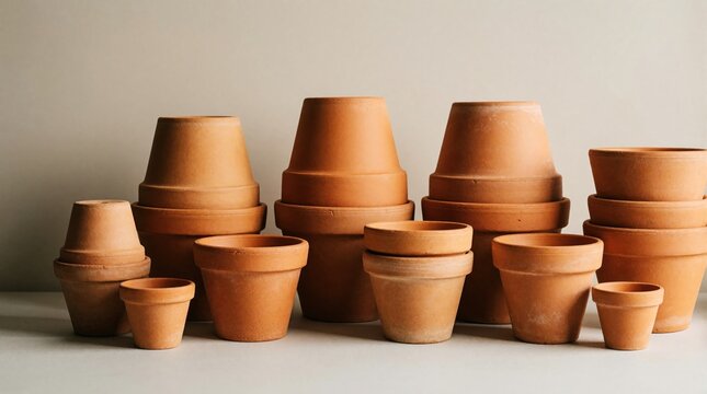 Various sizes of empty terracotta flower pots stacked on light surface. Clay ceramic containers arranged in group for gardening prep. Minimal rustic decor with neutral background. Set of brown earth