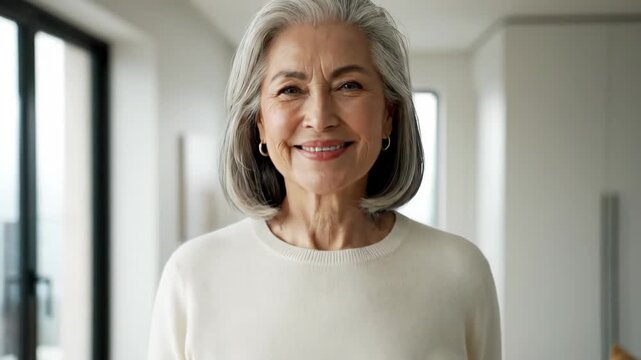 happy senior woman with silver bob walking toward camera and smiling warmly in a bright modern apartment, wearing a cream sweater and trousers with large windows and neutral decor
