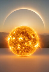 Fototapeta premium Renewable energy and solar power innovation, glowing sun sphere with atmospheric halo effect for sustainable technology and clean power generation concepts