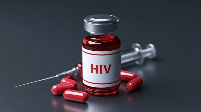 Hiv vaccine vial with a syringe and red antiviral pills representing treatment, prevention, and ongoing research against the human immunodeficiency virus and aids