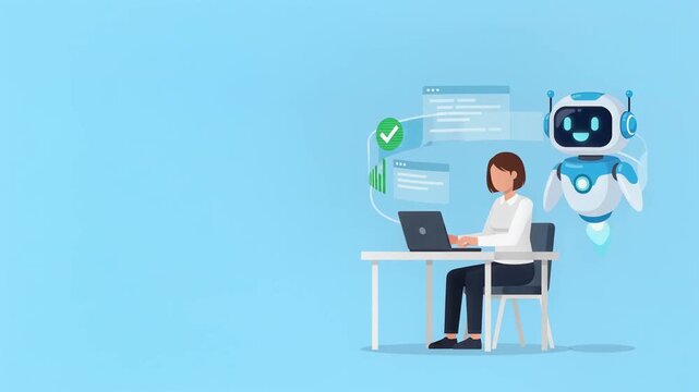 Woman Working with AI Assistant Robot Illustration