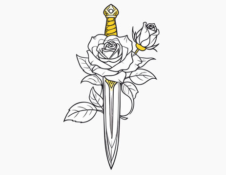 Illustration of a dagger pierced through a blooming rose and a rosebud.