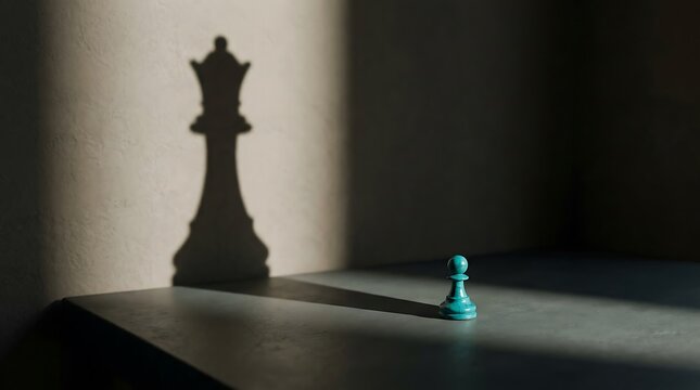A small blue chess pawn standing on a table casting a large shadow of a powerful queen piece on the wall behind it