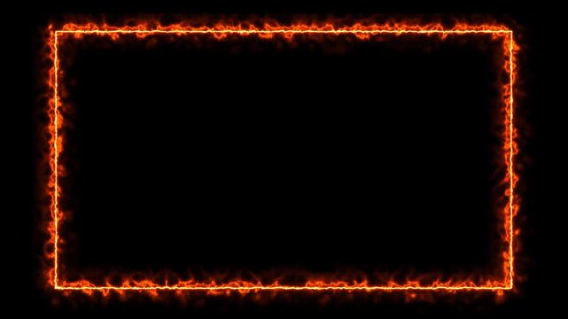 Glowing neon square frame animation with fire and cyan light, colorful laser border, abstract saber effect, seamless loop black background, luminous rectangle box on. 4k