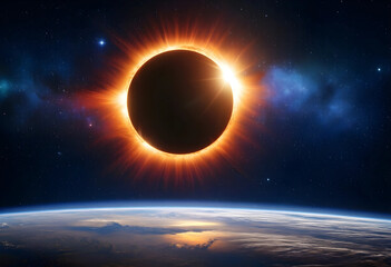 Fototapeta premium Total solar eclipse, astronomy and space exploration concept, celestial event with sun corona glowing above earth horizon in deep dark outer space
