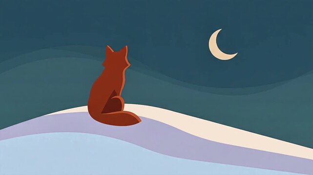 medium shot vector illustration red fox sitting on snowy hill under crescent moon