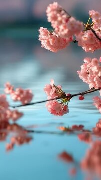 A branch of a cherry tree is reflected perfectly in calm water, creating a serene and peaceful scene