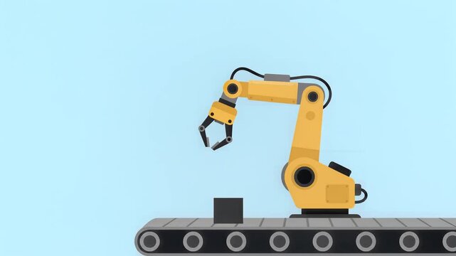 Industrial Robotic Arm Picking Up Box on Conveyor Belt Illustration