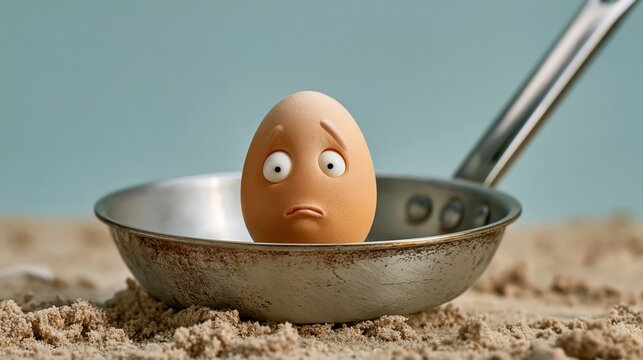 Angled view of frying pan on a sandy beach with a single egg cooking and looking confused. Humorous kitchen photo for summer and funny concepts.