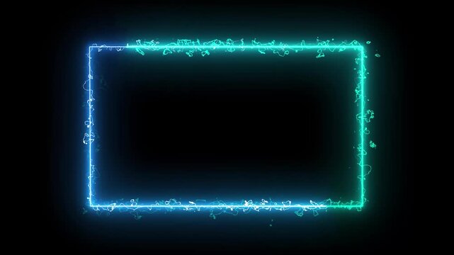 Abstract neon square border animation with glowing blue laser lines, seamless looping frame, retro light box design, colorful saber effect and luminous motion black background. 4k