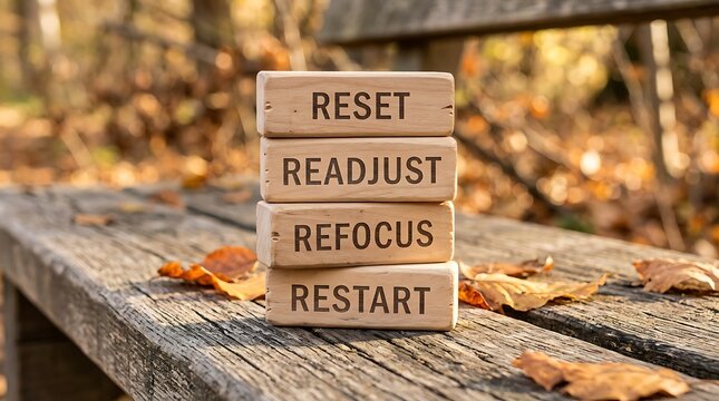 Wooden blocks with words reset readjust refocus and restart stacked on a rustic park bench in an autumn forest setting