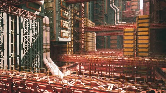 Industrial engine room with layered platforms and chunky pipes, late afternoon light filters through vents, retrofit planners visualizing energy upgrade