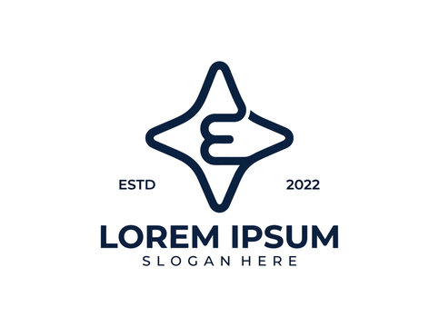Modern minimalist logo design featuring a stylized letter E within a star shape established in 2022 with placeholder text for brand name and slogan on a clean white background