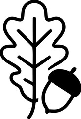Simple black and white illustration of an oak leaf and acorn on a plain white background for nature designs © Razia