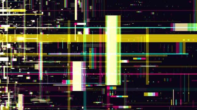 Abstract glitch lines and pixel blocks shift horizontally across a dark digital screen in a vibrant cyber animation