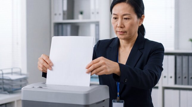 Woman shredding confidential paper documents in a modern office for data security compliance